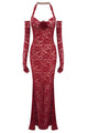 Halter Lace Embellished Mermaid Maxi Dress With Gloves