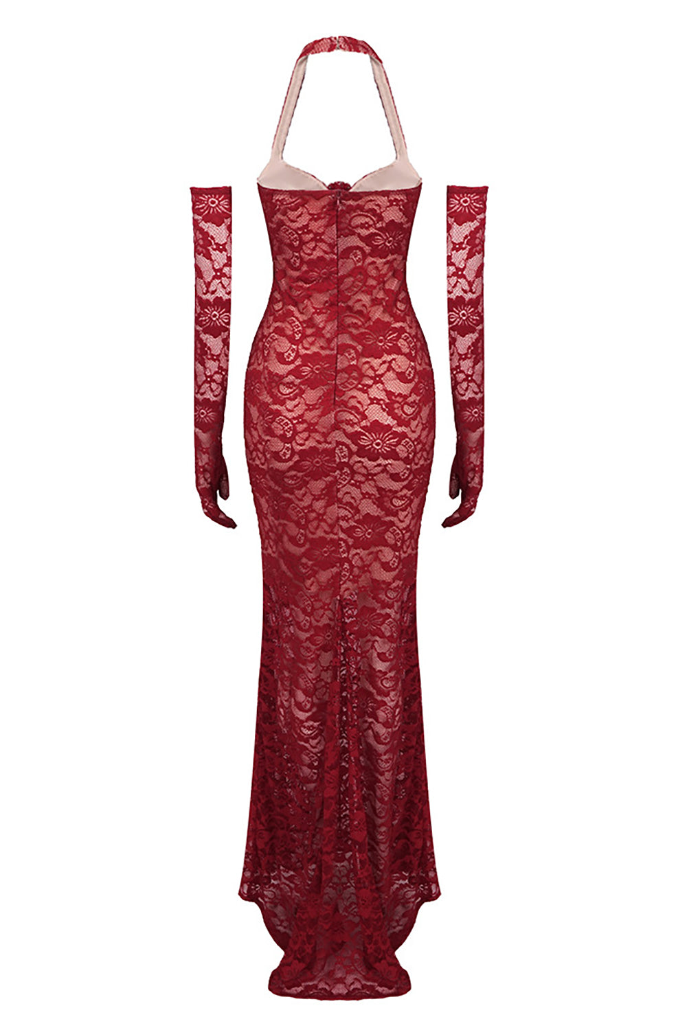 Halter Lace Embellished Mermaid Maxi Dress With Gloves