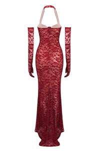 Halter Lace Embellished Mermaid Maxi Dress With Gloves