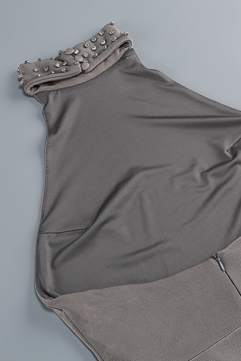 Halter Neck Ruched Maxi Dress in Gray