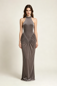 Halter Neck Ruched Maxi Dress in Gray