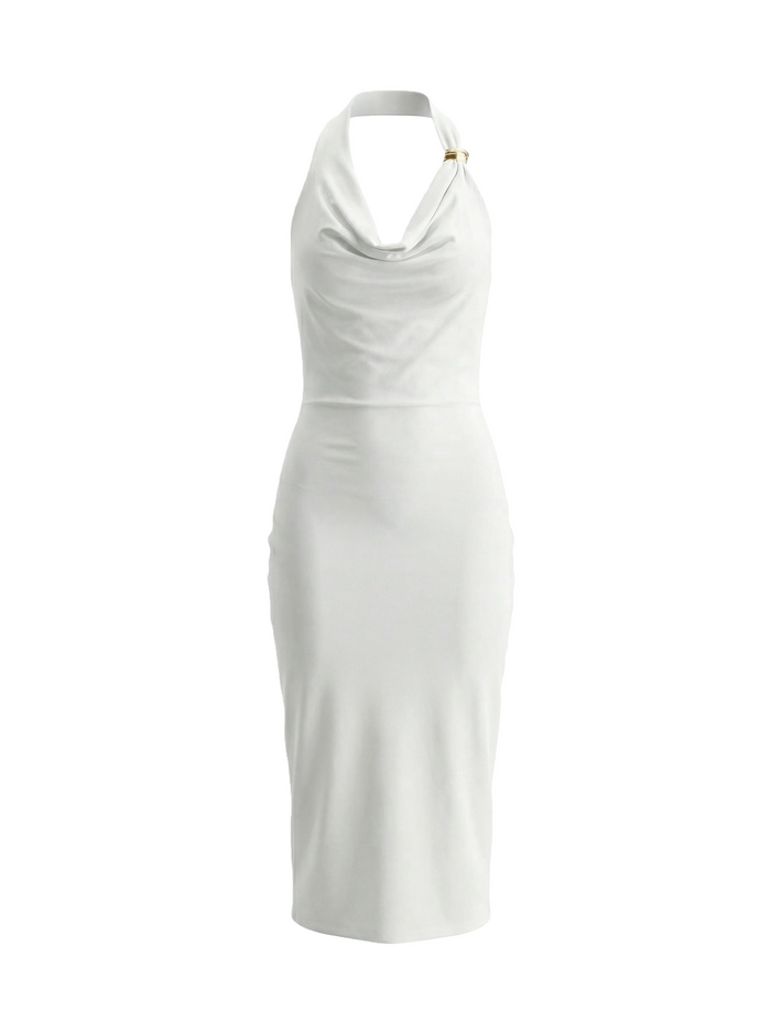 Halterneck Ruched Midi Dress in White