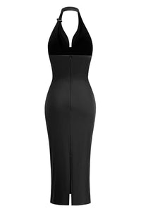Halterneck Ruched Midi Dress in Black