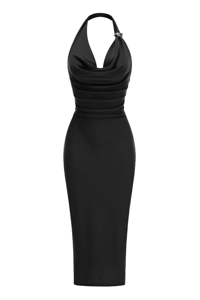 Halterneck Ruched Midi Dress in Black