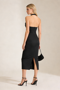 Halterneck Ruched Midi Dress in Black