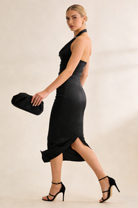 Halterneck Ruched Midi Dress in Black