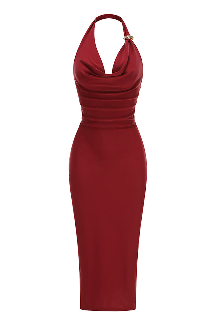 Halterneck Ruched Midi Dress in Burgundy