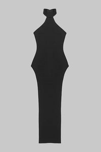 Vestido largo ajustado con aberturas y cuello halter en negro