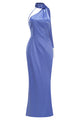 Halter One-Shoulder Column Maxi Dress in Blue