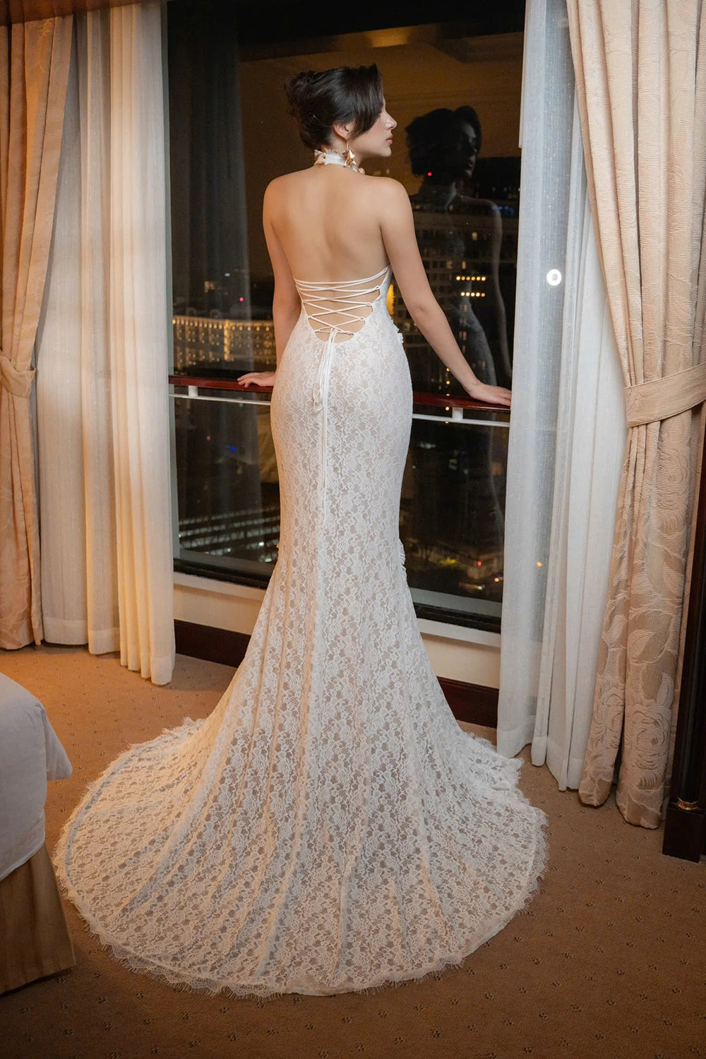 Halter Open Back Lace Wedding Gown