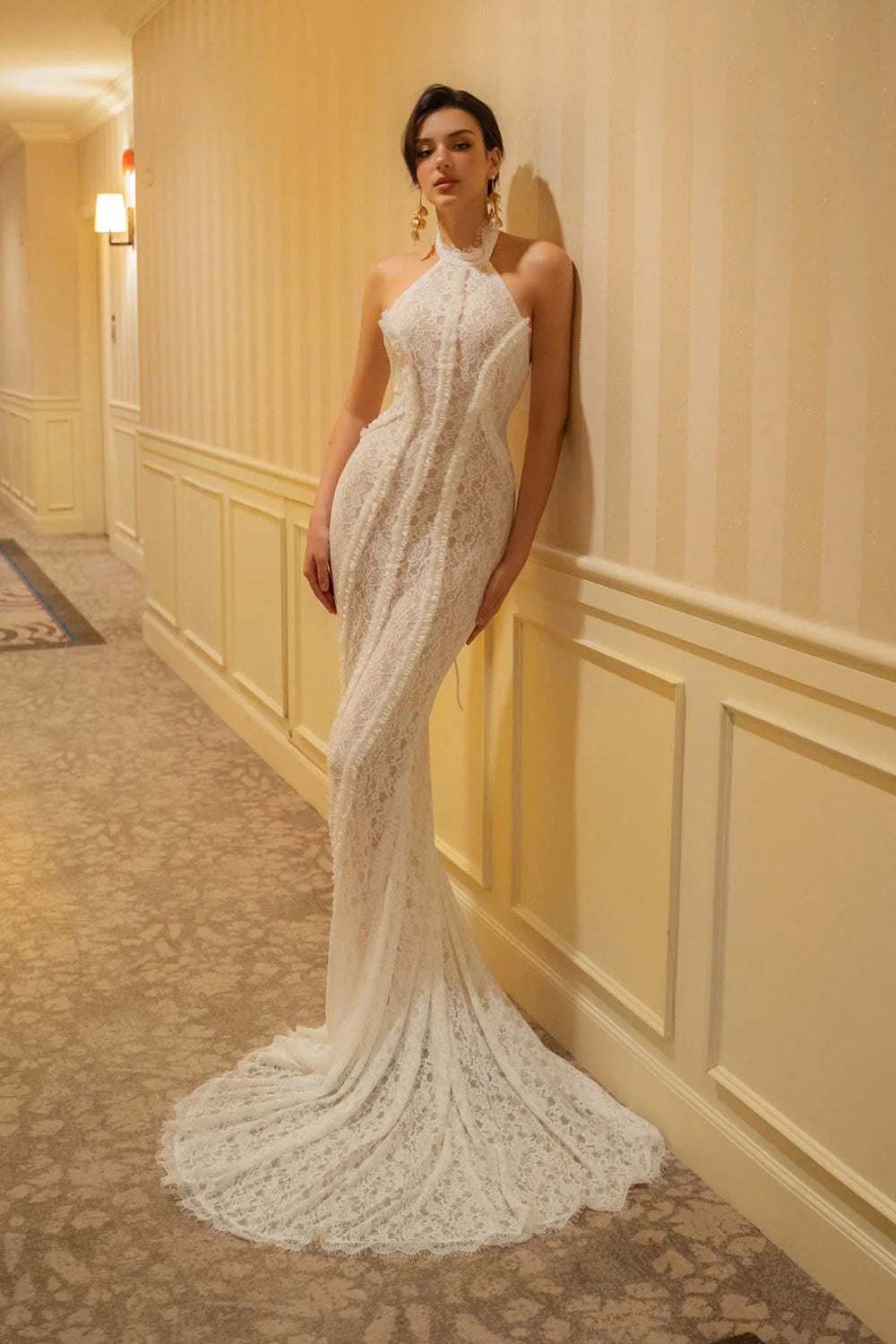 Halter Open Back Lace Wedding Gown