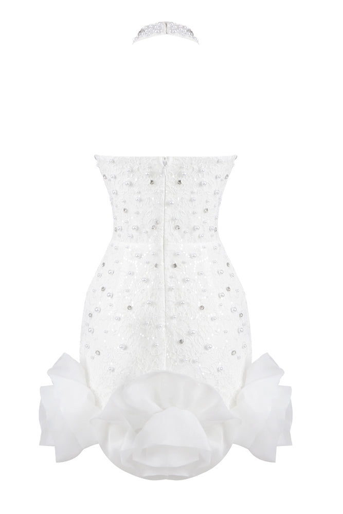 Halter Pearl Crystal Ruffle Mini Dress