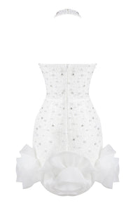 Halter Pearl Crystal Ruffle Mini Dress