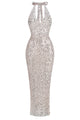 Halter Plunging Sequin Maxi Dress in Silver Black