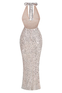 Halter Plunging Sequin Maxi Dress in Silver Black