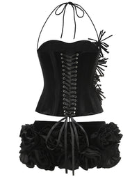 Halter Rose Floral Corset Dress in Black Red