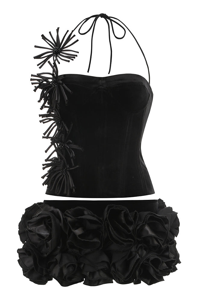 Halter Rose Floral Corset Dress in Black Red