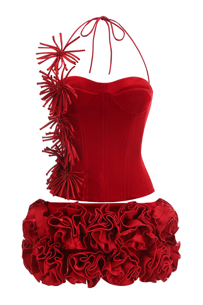 Halter Rose Floral Corset Dress in Black Red
