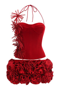 Halter Rose Floral Corset Dress in Black Red