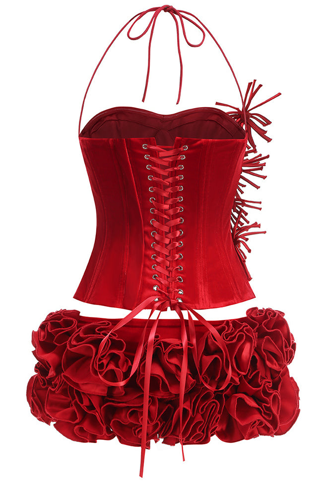 Halter Rose Floral Corset Dress in Black Red