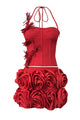 Halter Rose Floral Corset Dress in Red