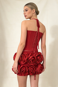 Halter Rose Floral Corset Dress in Red