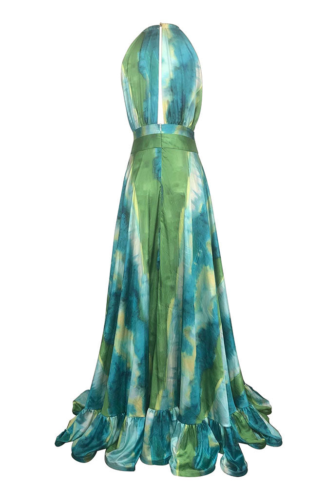 Halter Ruffle Pinted Maxi Dress