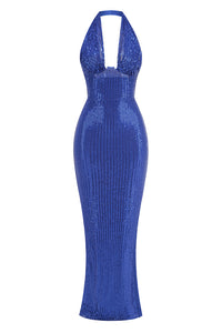 Halter Sequin Embellished Maxi Dress in Blue