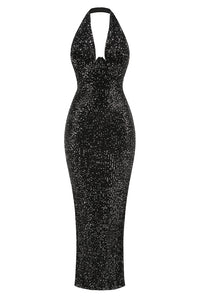 Robe longue noire à sequins et dos nu