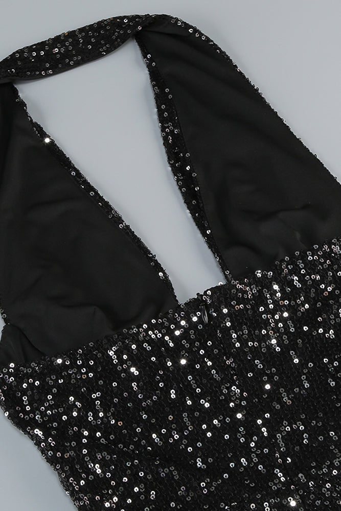 Robe longue noire à sequins et dos nu