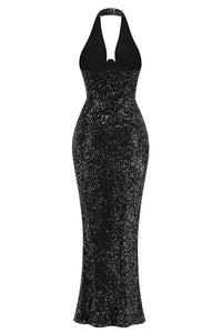 Robe longue noire à sequins et dos nu