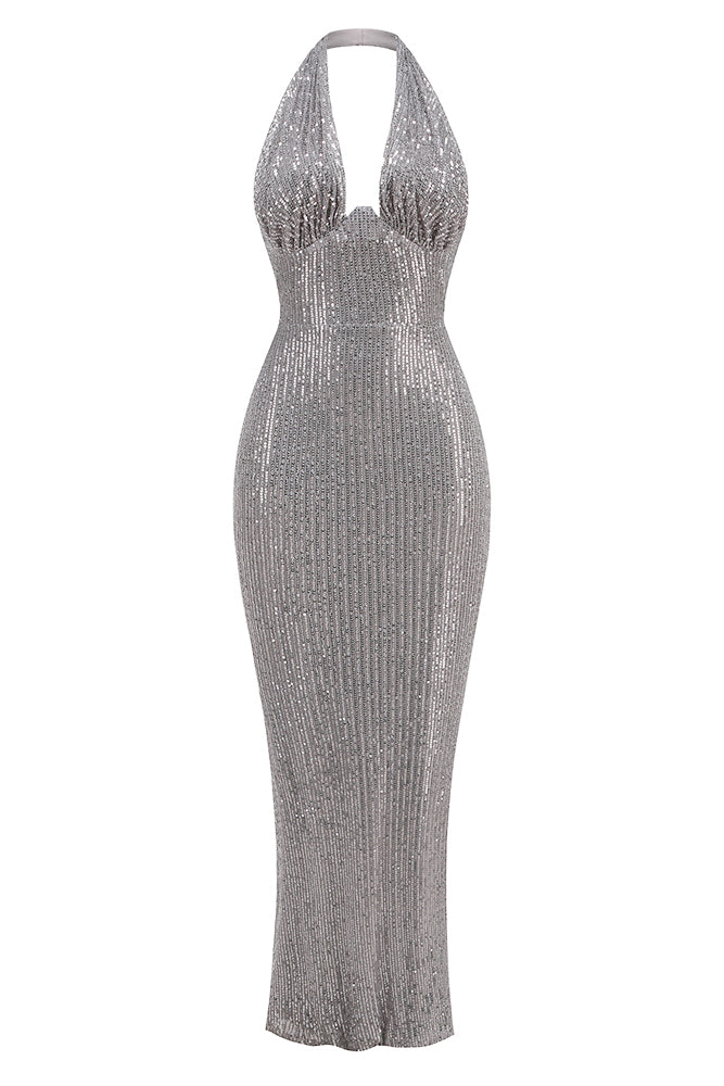 Halter Sequin Embellished Maxi Dress in Gray