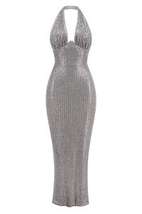 Robe longue à sequins et dos nu en gris