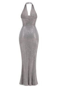 Halter Sequin Embellished Maxi Dress in Gray