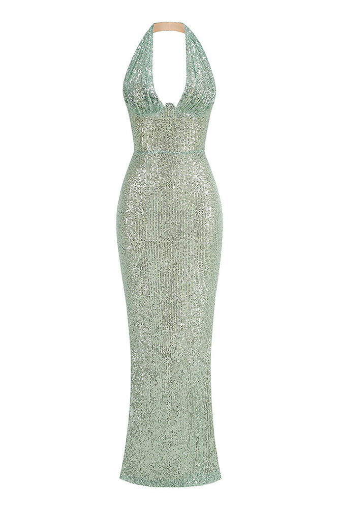 Robe longue à sequins et dos nu en vert