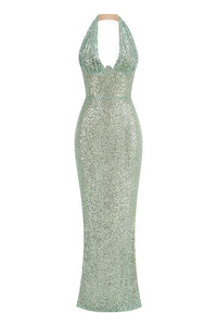 Robe longue à sequins et dos nu en vert