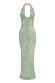 Halter Sequin Embellished Maxi Dress in Green