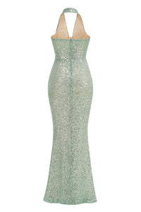 Robe longue à sequins et dos nu en vert