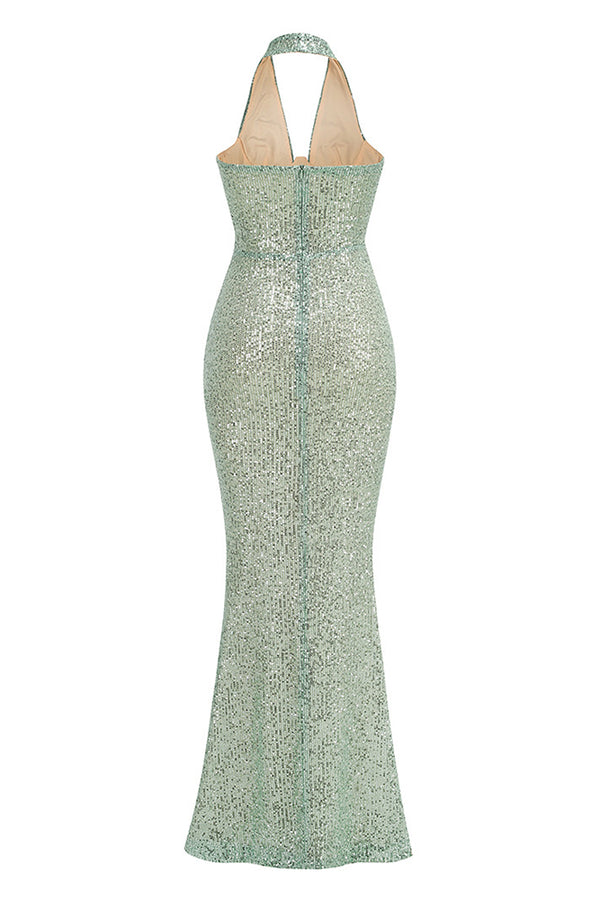 Halter Sequin Embellished Maxi Dress in Green