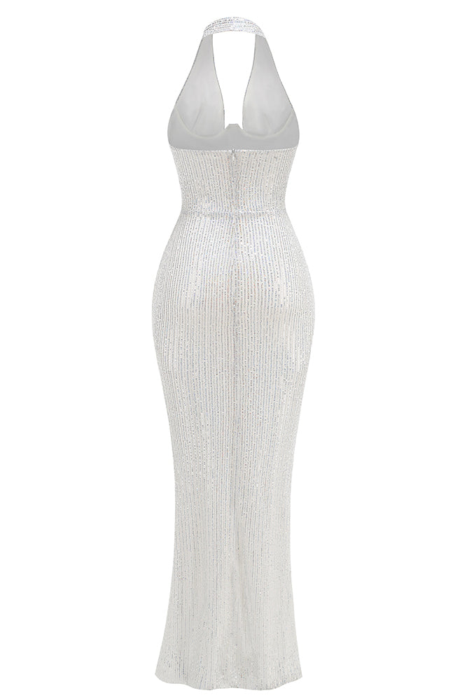 Halter Sequin Embellished Maxi Dress in White