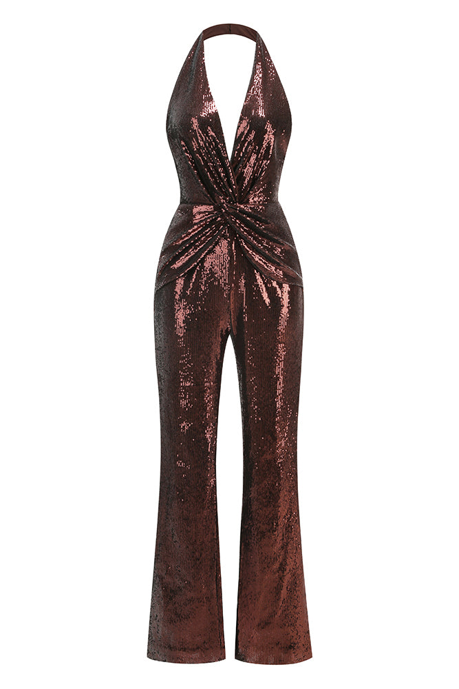 Halter Sequin Flared Jumpsuit