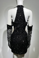 Halter Sequins Beaded Cut Out Mini Dress In Black