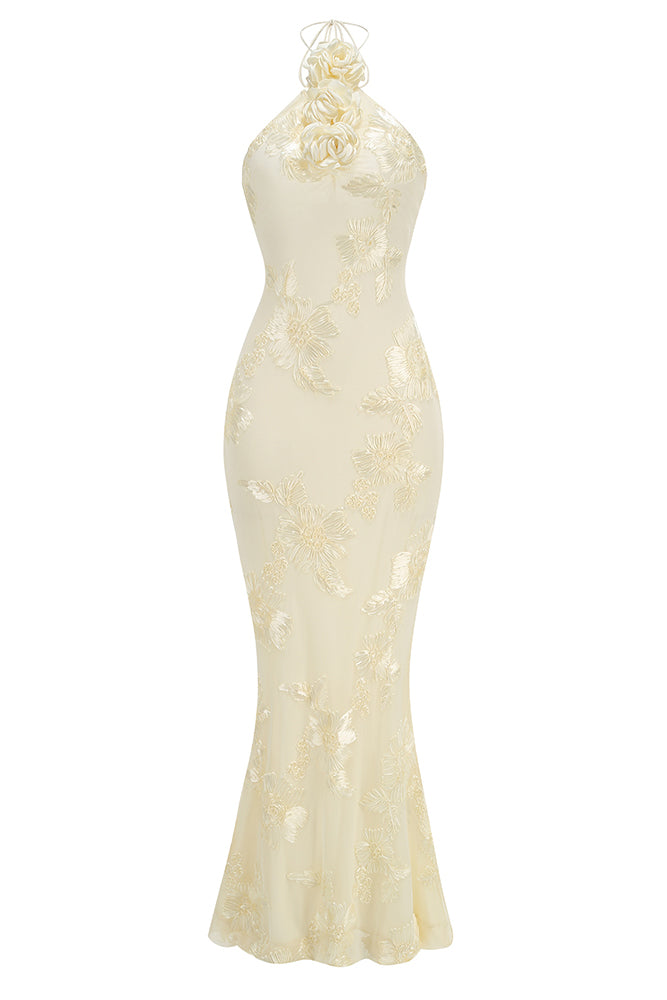 Halter 3D Floral Embroidered Gown in Beige – CHICIDA