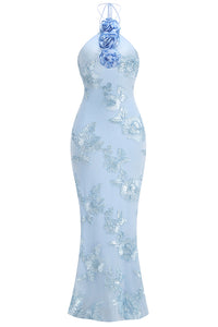 Halter 3D Floral Embroidered Gown in Bige Blue