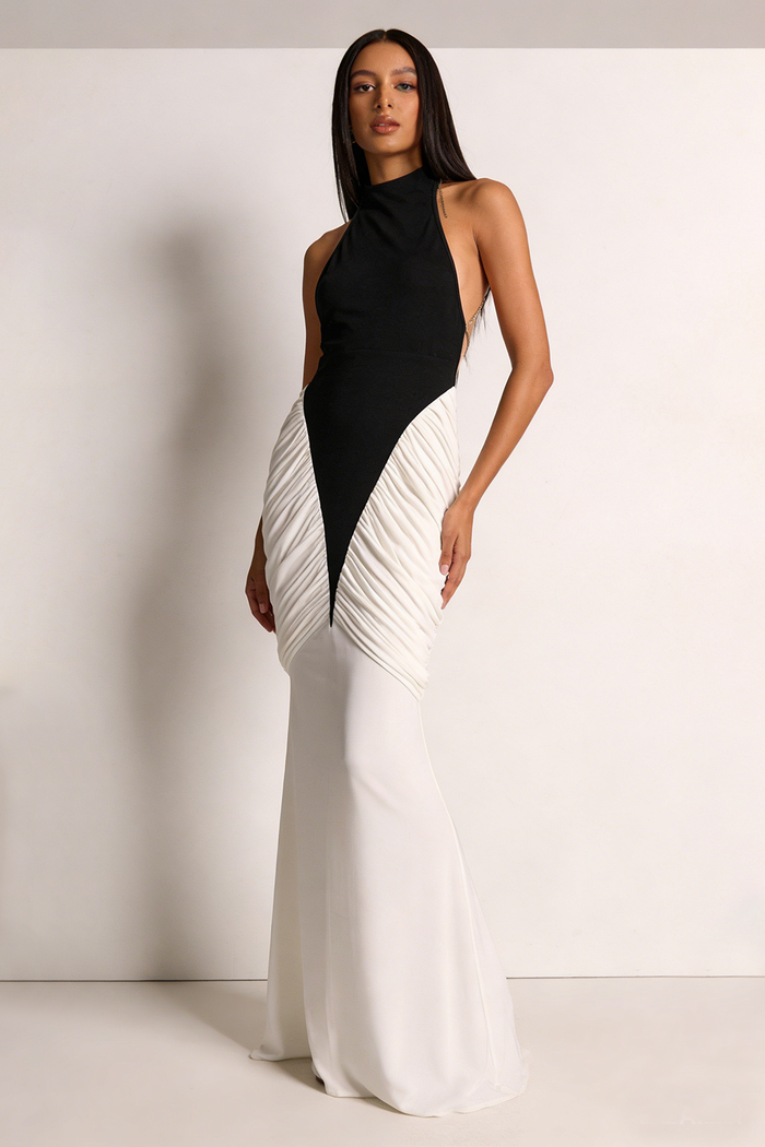 Halter Backless Colorblock Pleated Maxi Dress