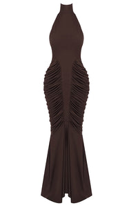 Halter Backless Gathered Dress in Bronze