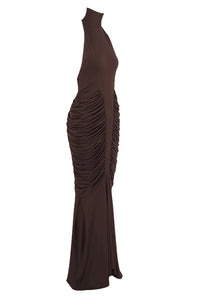 Halter Backless Gathered Dress in Bronze