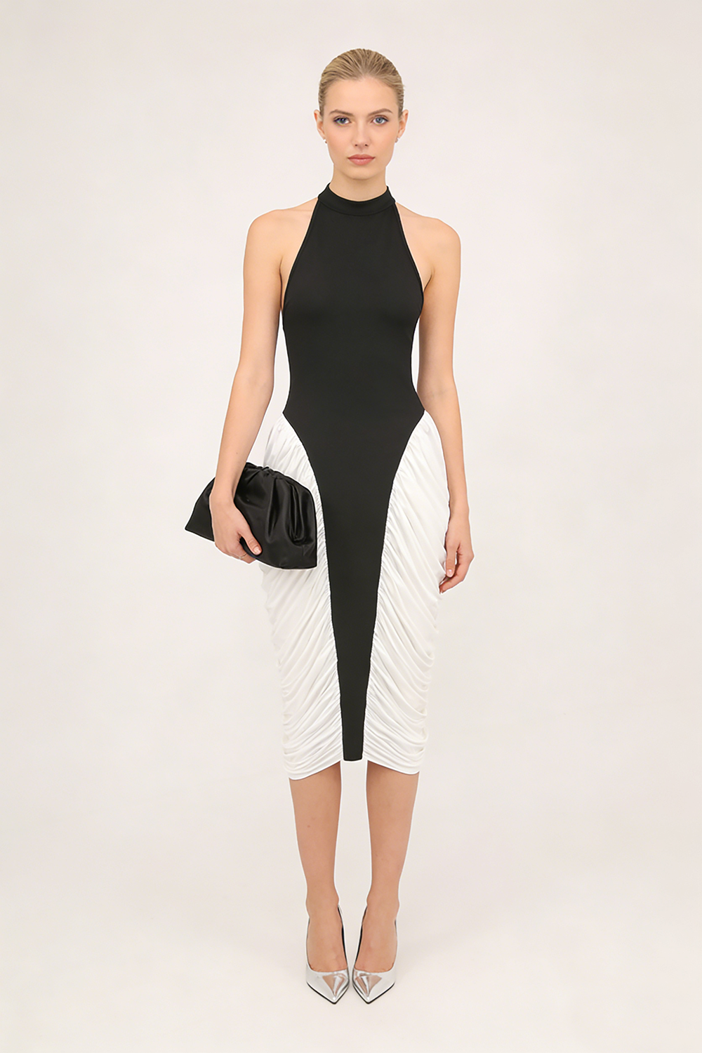 Halter Backless Ruched Midi Dress