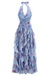 Halter Backless Violet Floral Beach Dress