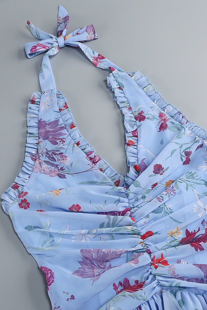 Halter Backless Violet Floral Beach Dress